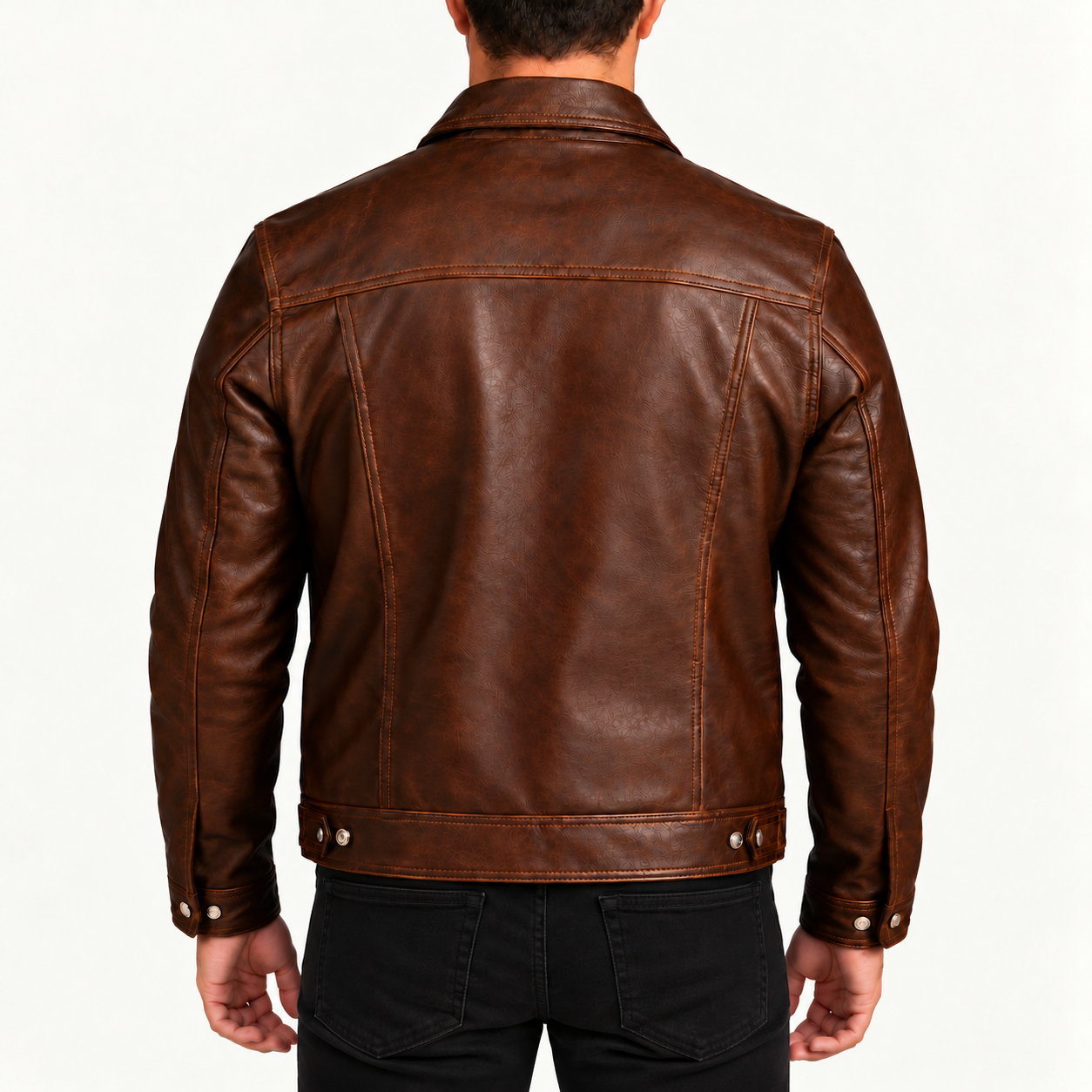 Men's Vintage Brown Leather Trucker Jacket – Classic Button-Front Design Gallery
